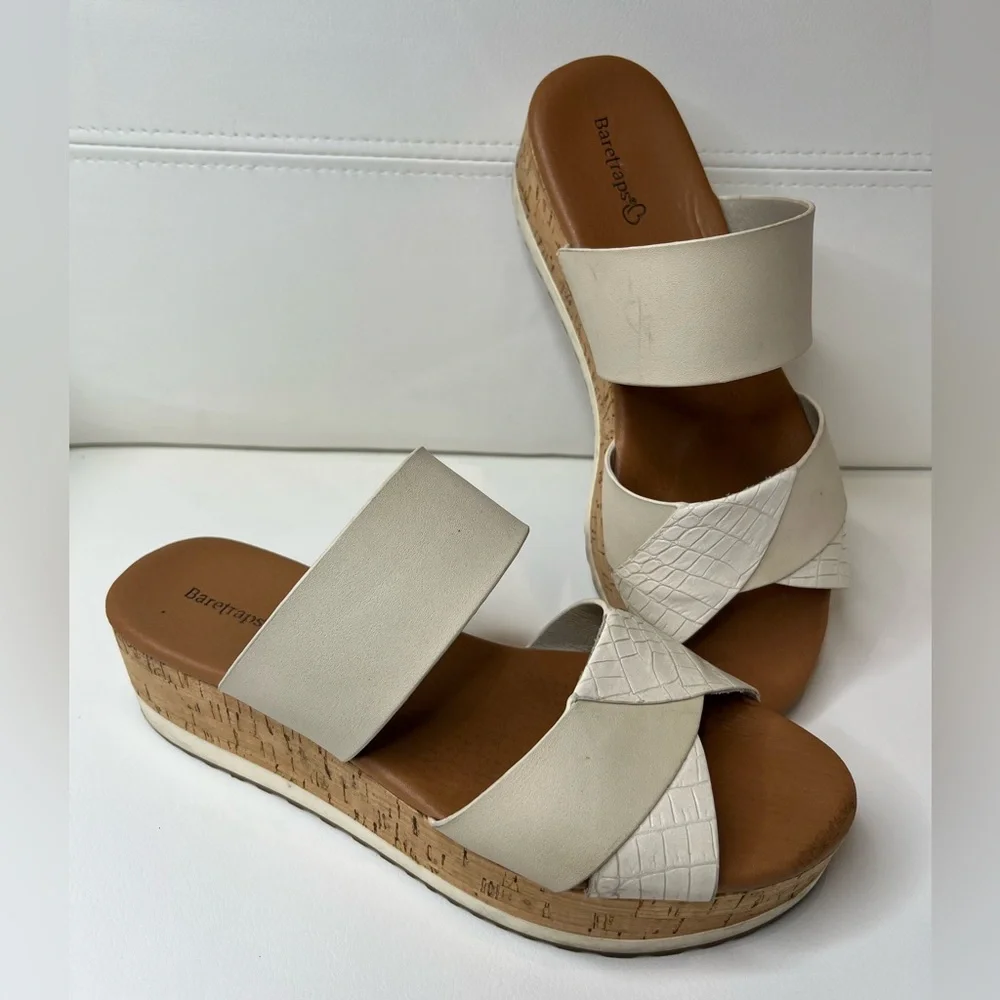 BareTraps Platform Slide Sandals size 9 beige white tan cork summer beach